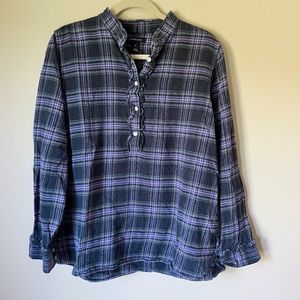 Lands' End navy and blue Plaid Women's flannel ruffle pullover half-button shirt